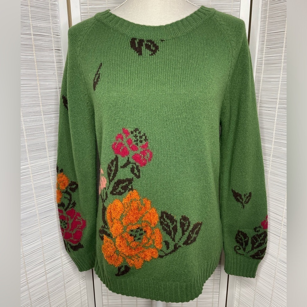 Ivko Wool Nylon Viscose Floral Intarsia Crewneck Long Sleeve Sweater Green S